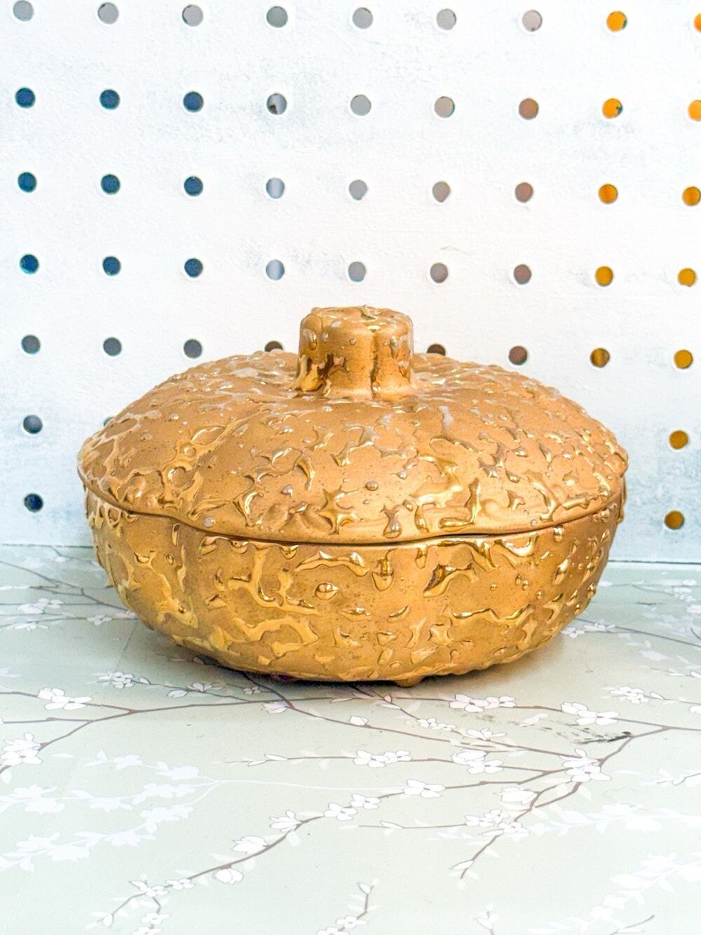 Vintage 22K Weeping Gold Covered Candy Dish Hand Decorated U.S.A.